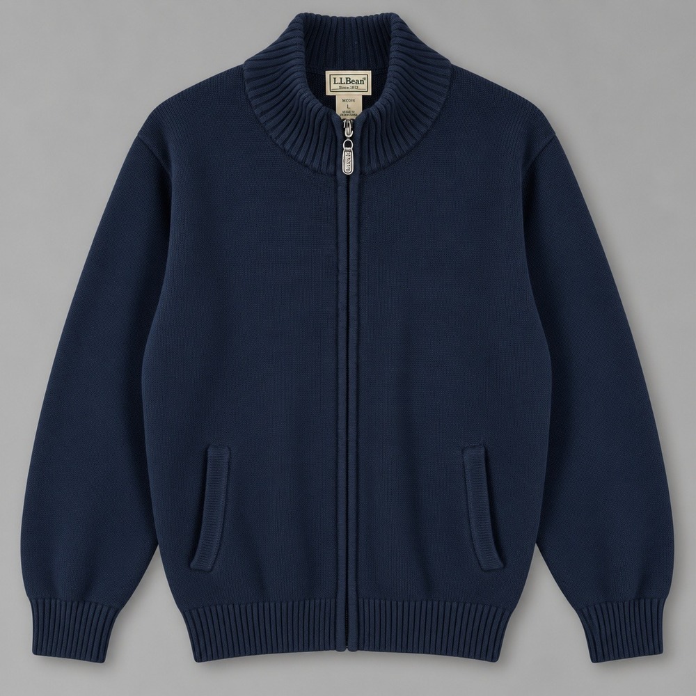 LL Bean Men L Navy Blue 100% Cotton Full Zip Mock Neck Cardigan Sweater 0HJS6